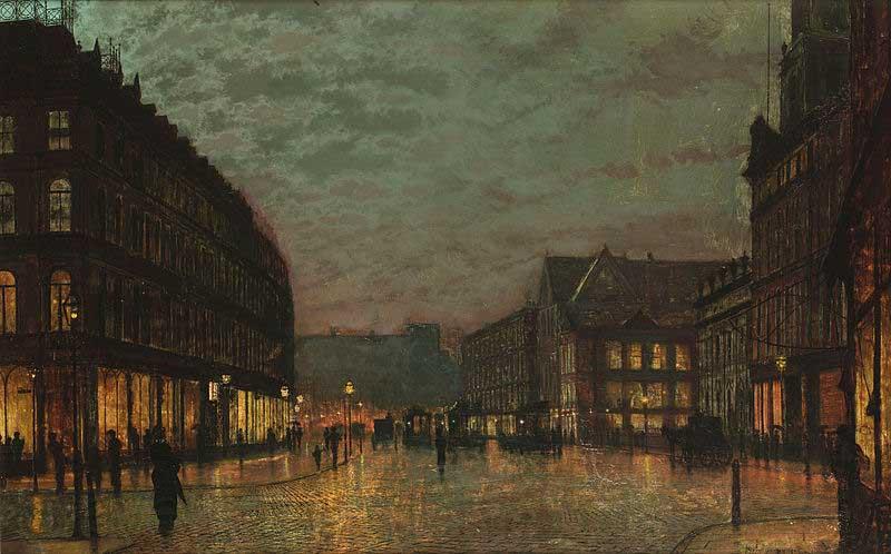 John Atkinson Grimshaw Boar Lane, Leeds, by lamplight. Signed and dated 'Atkinson Grimshaw 1881+' (lower right) signed and inscribed with title on reverse Norge oil painting art